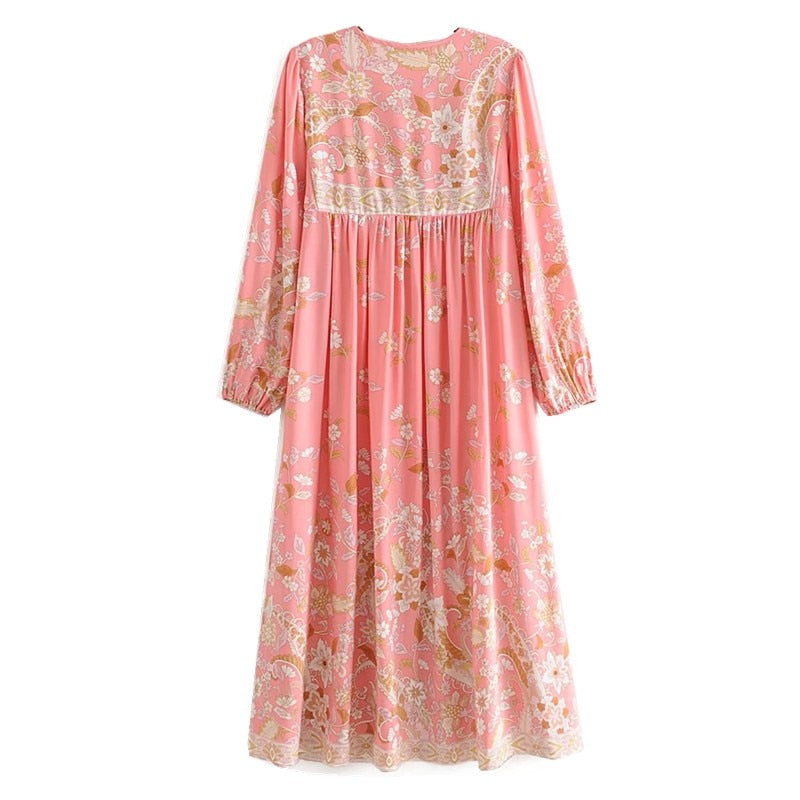 BOHO Lacing up V neck Location Pteris flower Print Long Dress Pink Ethnic WomanTassel Strappy Long Sleeve Holiday Dresses Beach - TIKIJTRONICS # 0