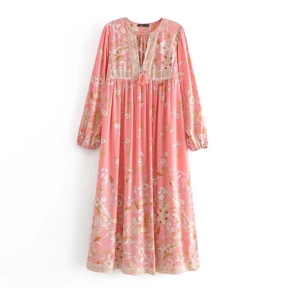 BOHO Lacing up V neck Location Pteris flower Print Long Dress Pink Ethnic WomanTassel Strappy Long Sleeve Holiday Dresses Beach - TIKIJTRONICS # 0