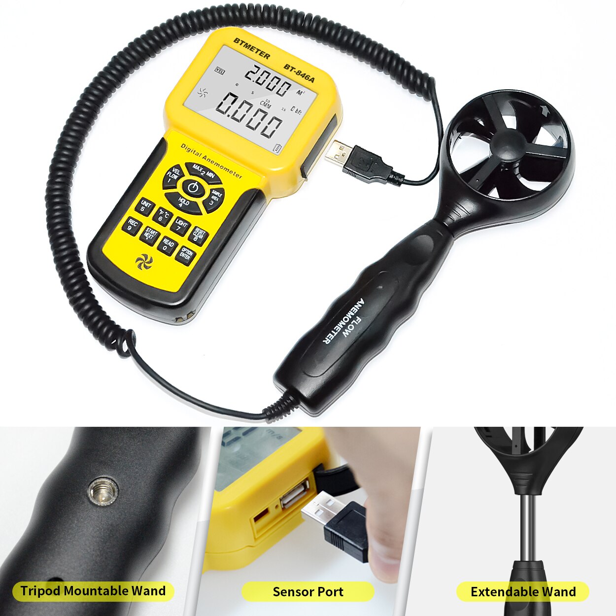 BTMETER 846A Pro HVAC Anemometer Measures Wind Speed Wind Flow Wind Temp Tester CFM Air Flow Velocity Meter with Backlight - TIKIJTRONICS 0 SPECIFICATIONSType: AnemometerOrigin: Mainland ChinaModel Number: BT-846ABrand Name: BTMETER TIKIJTRONICS  (Store description)