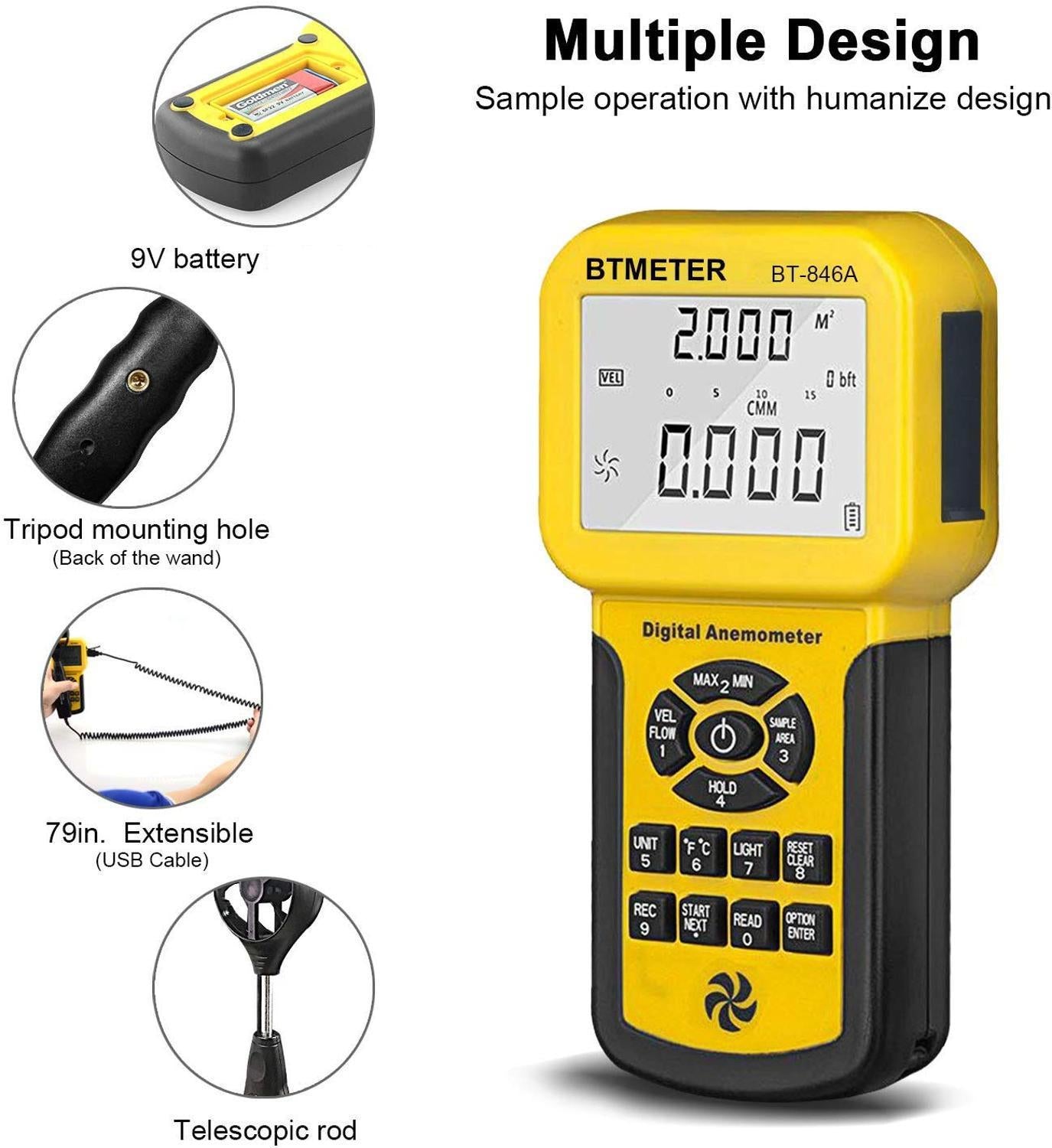 BTMETER 846A Pro HVAC Anemometer Measures Wind Speed Wind Flow Wind Temp Tester CFM Air Flow Velocity Meter with Backlight - TIKIJTRONICS 0 SPECIFICATIONSType: AnemometerOrigin: Mainland ChinaModel Number: BT-846ABrand Name: BTMETER TIKIJTRONICS  (Store description)