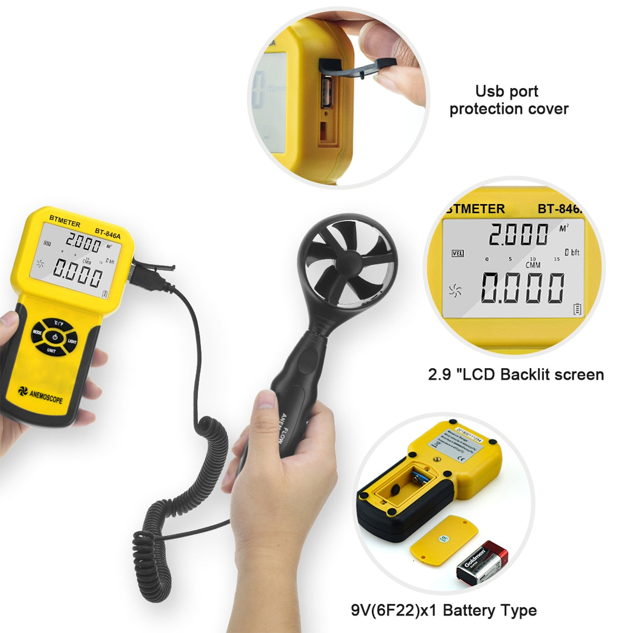 BTMETER 846A Pro HVAC Anemometer Measures Wind Speed Wind Flow Wind Temp Tester CFM Air Flow Velocity Meter with Backlight - TIKIJTRONICS 0 SPECIFICATIONSType: AnemometerOrigin: Mainland ChinaModel Number: BT-846ABrand Name: BTMETER TIKIJTRONICS  (Store description)