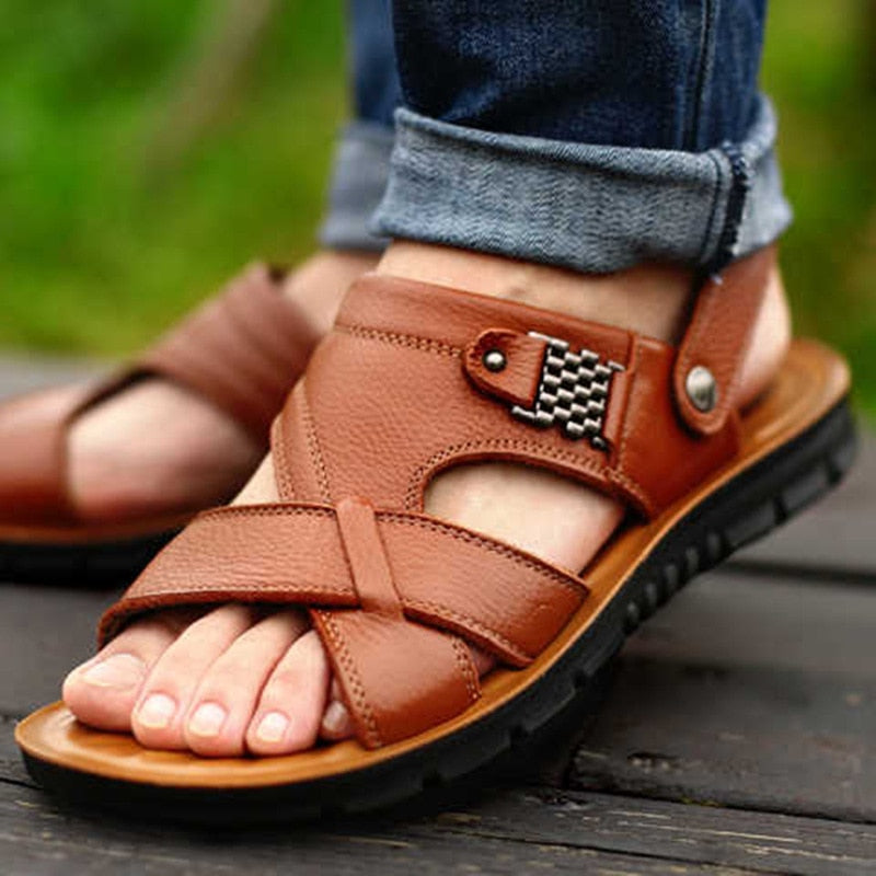 Big Size 48 Men Leather Sandals Summer Classic Men Shoes Slippers Soft Sandals Men Roman Comfortable Outdoor Walking Footwear - TIKIJTRONICS # 0