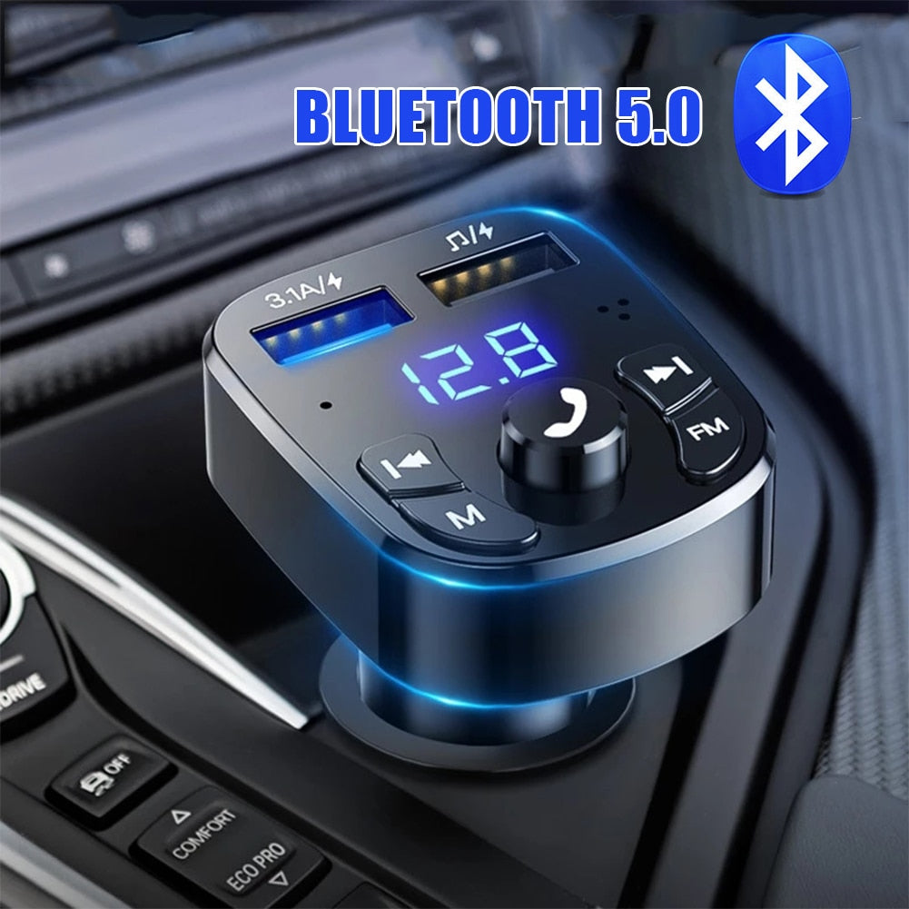 Car Hands-free Bluetooth-compaitable 5.0 FM Transmitter Car Kit MP3 Modulator Player Handsfree Audio Receiver 2 USB Fast Charger - TIKIJTRONICS # 0