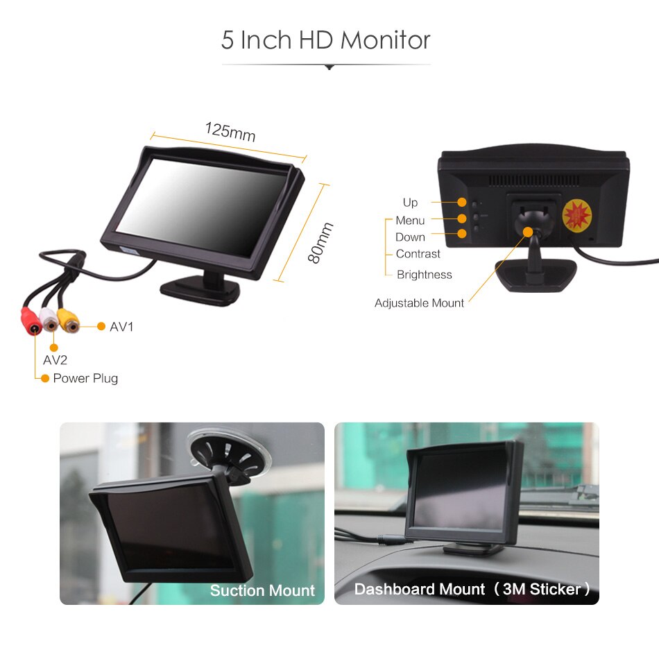 Car Truck Bus 5 Inch 12V 24V HD LED Stand Monitor Screen with Rear View Reverse Backup Camera Parking Kit Combo Home CCTV - TIKIJTRONICS 0 SPECIFICATIONSWire or Wireless: WireShell Material: PlasticOrigin: Mainland ChinaMaterial Type: AbsLens Material: Plastic + GlassLength of Video Cable: 6M,10MGuiding Line: YesCertification: CE,FCCBrand Name: HIT CARAlarm Type: Rear Side,Alarm Systems,Vehicle Backup Cameras TIKIJTRONICS  (Store description)