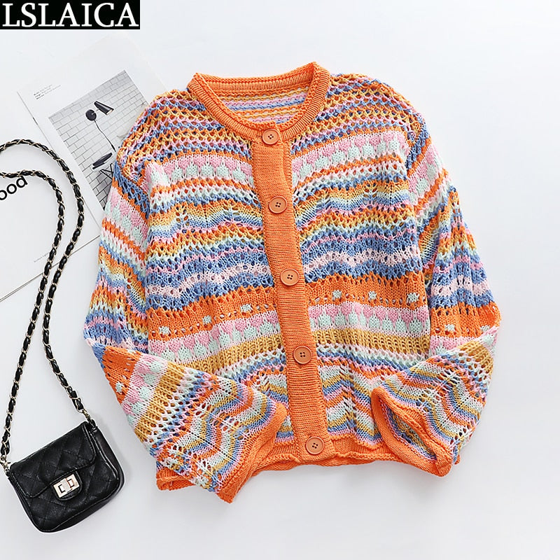 Cardigan Top Women Long Sleeve Single Button Decorated Slim Rainbow Striped Patchwork Women's Sweater Spring Autumn Fashion 2022 - Premium 0 from TIKIJTRONICS - Just $15.63! Shop now at TIKIJTRONICS