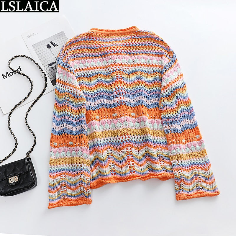 Cardigan Top Women Long Sleeve Single Button Decorated Slim Rainbow Striped Patchwork Women's Sweater Spring Autumn Fashion 2022 - Premium 0 from TIKIJTRONICS - Just $15.63! Shop now at TIKIJTRONICS