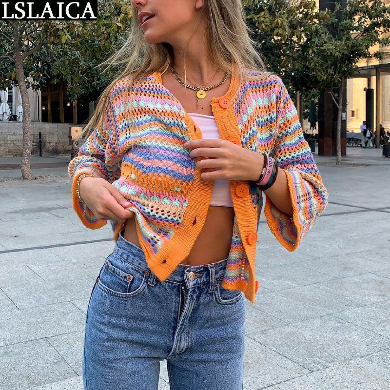 Cardigan Top Women Long Sleeve Single Button Decorated Slim Rainbow Striped Patchwork Women's Sweater Spring Autumn Fashion 2022 - Premium 0 from TIKIJTRONICS - Just $15.63! Shop now at TIKIJTRONICS