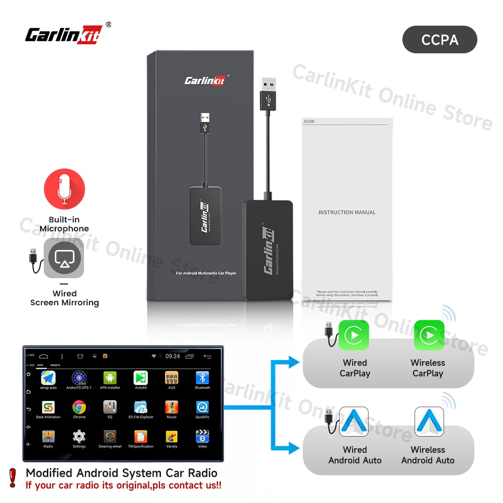 Carlinkit Wired/Wireless CarPlay Wireless Android Auto Dongle Mirror For Modify Android Screen Car Ariplay  Smart Link IOS 14 15.