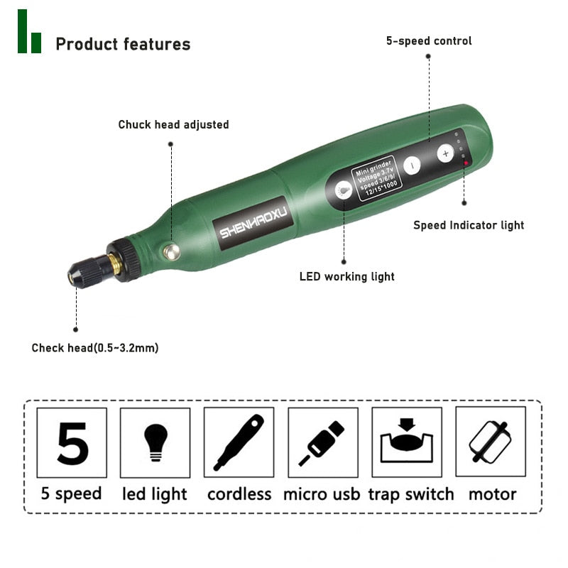 Cordless Grinder Electric Drill 5-Speed Adjustable Engraving Pen Cutting Polishing Drilling Rotary Tool With Dremel Accessories - TIKIJTRONICS # 0