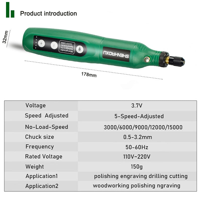 Cordless Grinder Electric Drill 5-Speed Adjustable Engraving Pen Cutting Polishing Drilling Rotary Tool With Dremel Accessories - TIKIJTRONICS # 0