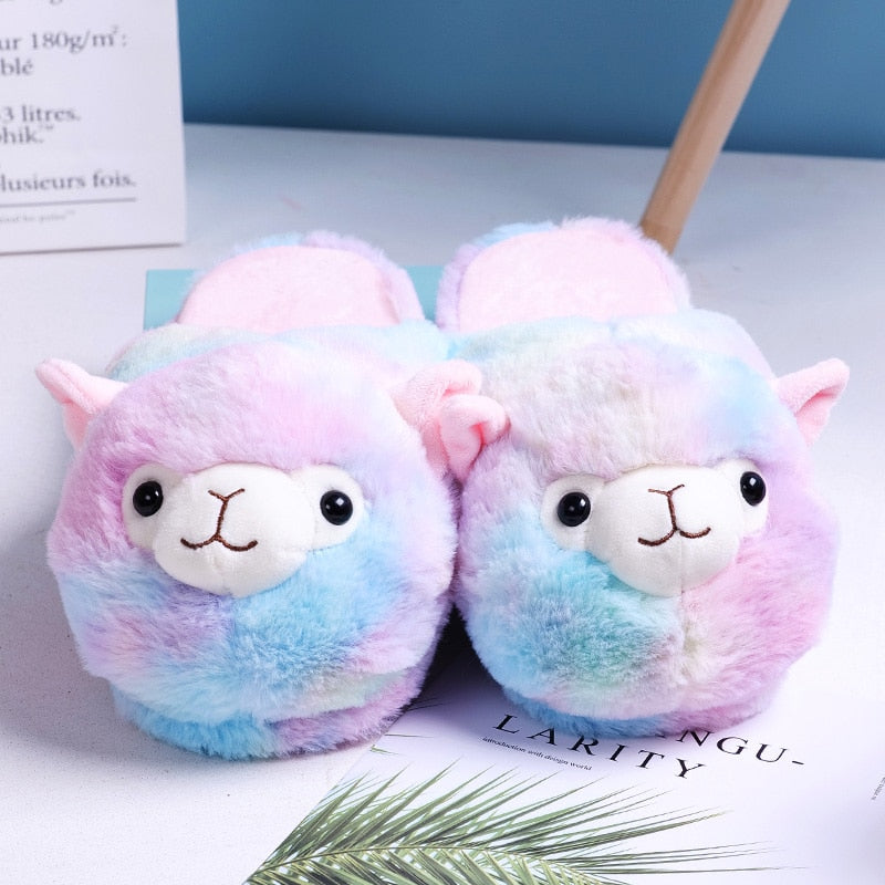 Cute Cartoon Alpaca House Women Fur Slippers Winter Warm Plush Parent-Child Floor Slides Indoor Bedroom Girls Fluffy Slippes - TIKIJTRONICS # 0