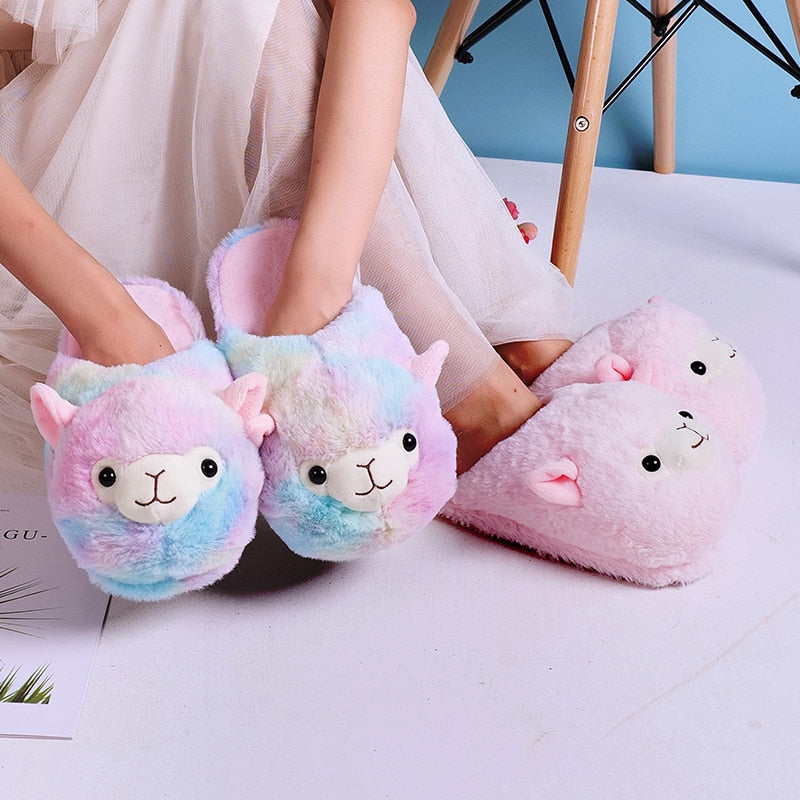 Cute Cartoon Alpaca House Women Fur Slippers Winter Warm Plush Parent-Child Floor Slides Indoor Bedroom Girls Fluffy Slippes - TIKIJTRONICS # 0