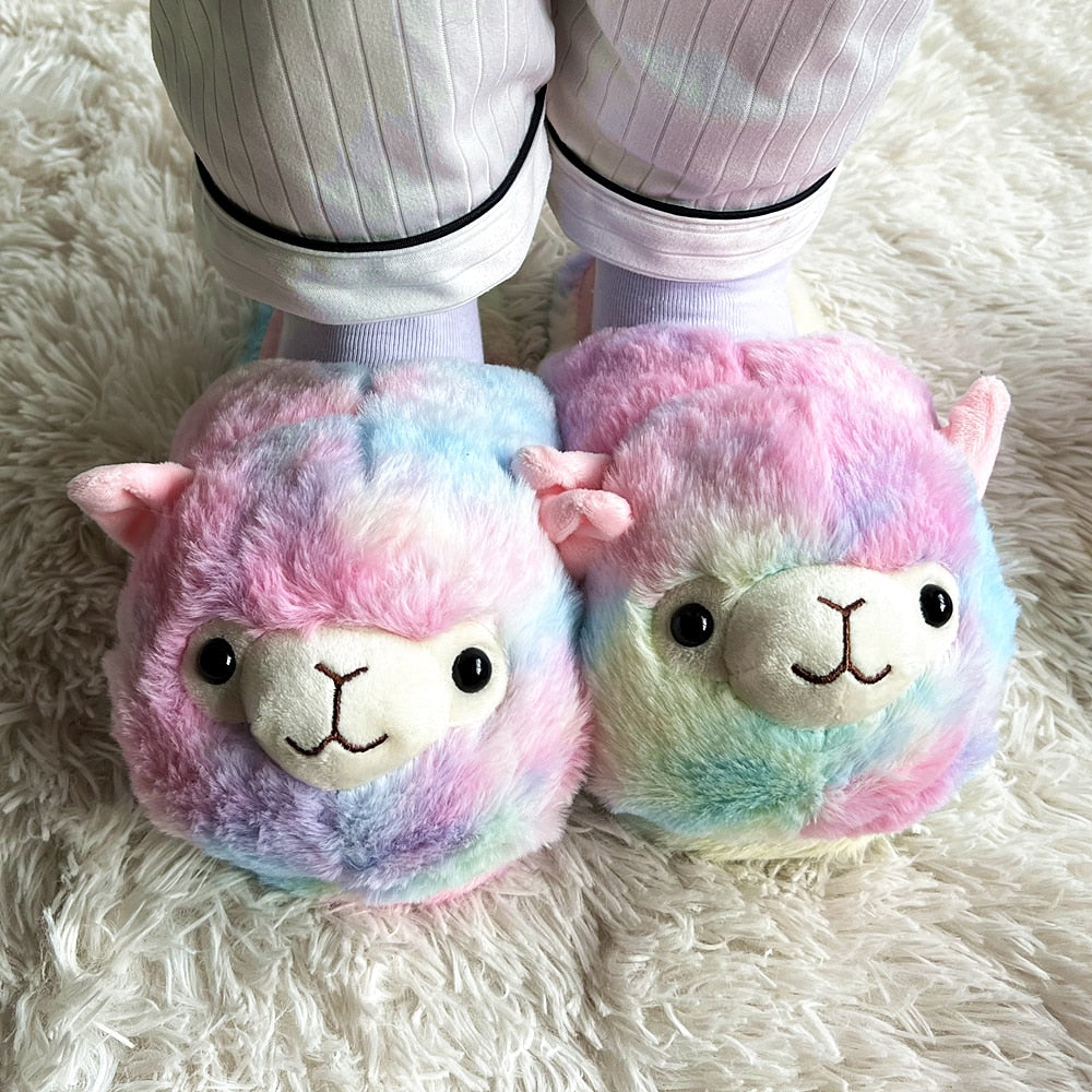 Cute Cartoon Alpaca House Women Fur Slippers Winter Warm Plush Parent-Child Floor Slides Indoor Bedroom Girls Fluffy Slippes - TIKIJTRONICS # 0