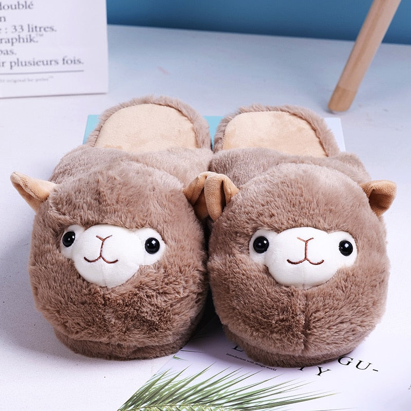 Cute Cartoon Alpaca House Women Fur Slippers Winter Warm Plush Parent-Child Floor Slides Indoor Bedroom Girls Fluffy Slippes - TIKIJTRONICS # 0