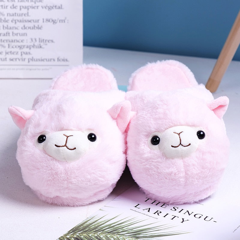 Cute Cartoon Alpaca House Women Fur Slippers Winter Warm Plush Parent-Child Floor Slides Indoor Bedroom Girls Fluffy Slippes - TIKIJTRONICS # 0