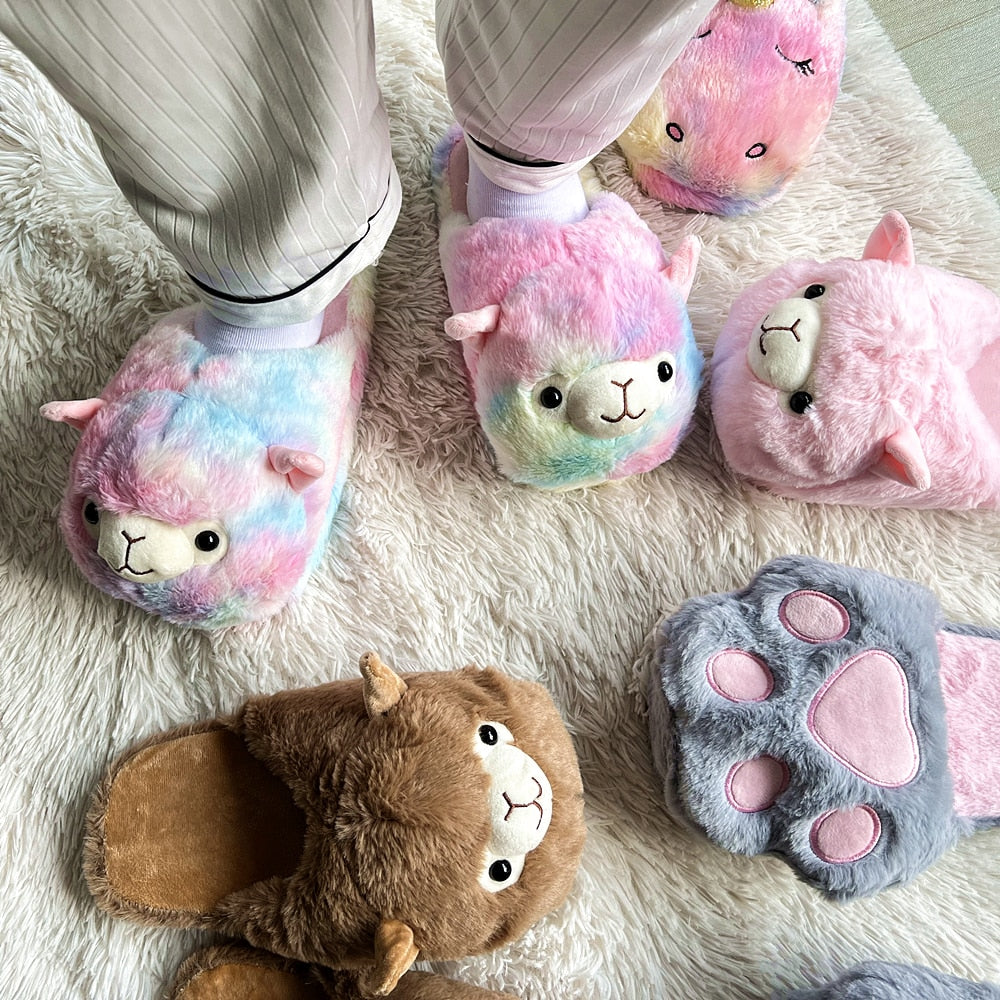 Cute Cartoon Alpaca House Women Fur Slippers Winter Warm Plush Parent-Child Floor Slides Indoor Bedroom Girls Fluffy Slippes - TIKIJTRONICS # 0