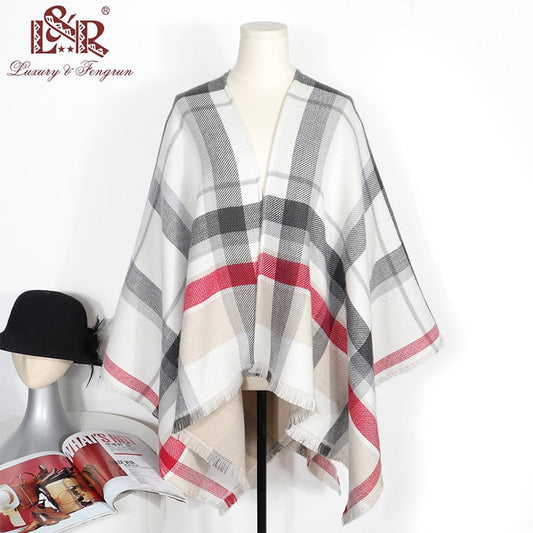 Double-Sided Cashmere Winter Poncho One Side Plaid Thicker Shawls and Wraps The other Side Solid Women Cardigan Pashmina - TIKIJTRONICS # 0