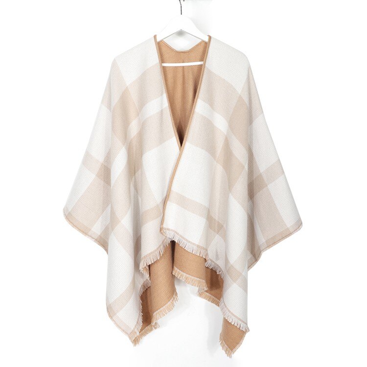 Double-Sided Cashmere Winter Poncho One Side Plaid Thicker Shawls and Wraps The other Side Solid Women Cardigan Pashmina - TIKIJTRONICS # 0