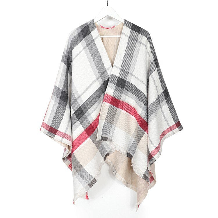 Double-Sided Cashmere Winter Poncho One Side Plaid Thicker Shawls and Wraps The other Side Solid Women Cardigan Pashmina - TIKIJTRONICS # 0