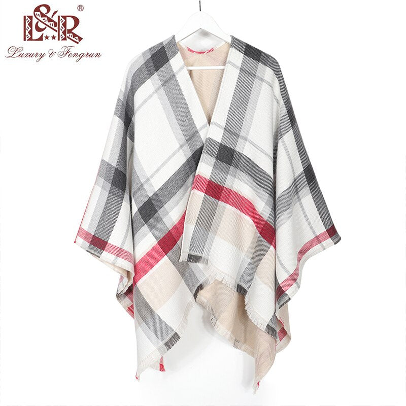 Double-Sided Cashmere Winter Poncho One Side Plaid Thicker Shawls and Wraps The other Side Solid Women Cardigan Pashmina - TIKIJTRONICS # 0