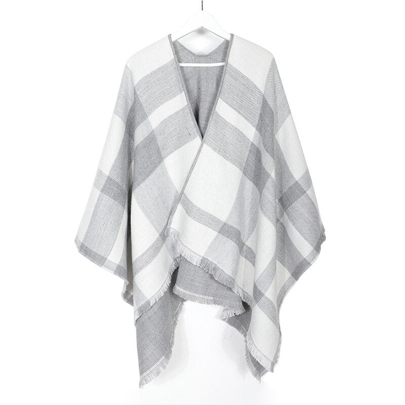 Double-Sided Cashmere Winter Poncho One Side Plaid Thicker Shawls and Wraps The other Side Solid Women Cardigan Pashmina - TIKIJTRONICS # 0