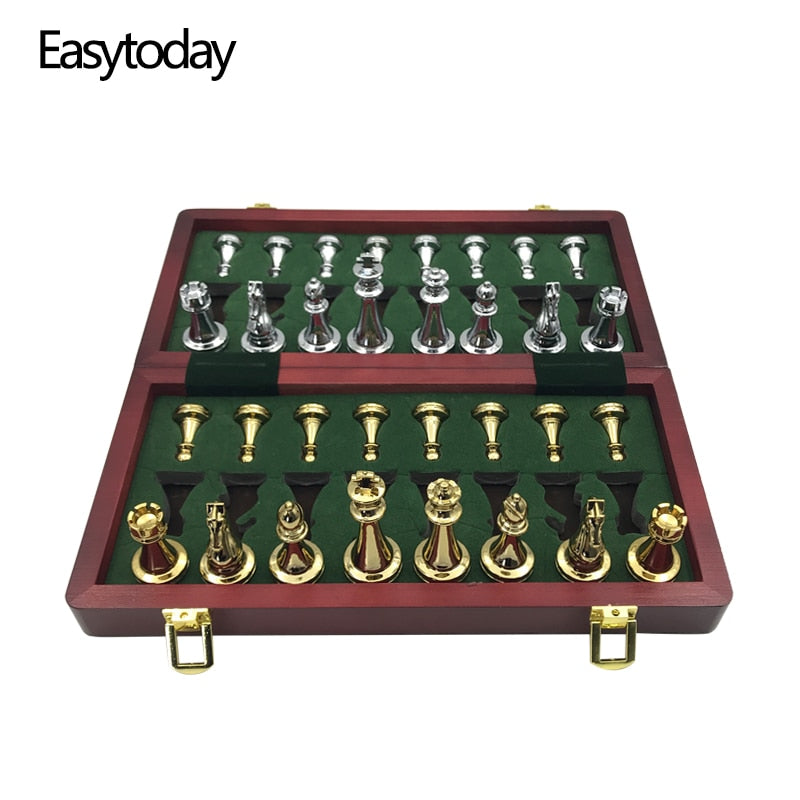 Easytoday Metal Glossy Golden And Silver Chess Pieces Solid Wooden Folding Chess Board High Grade Professional Chess Games Set - TIKIJTRONICS # 0