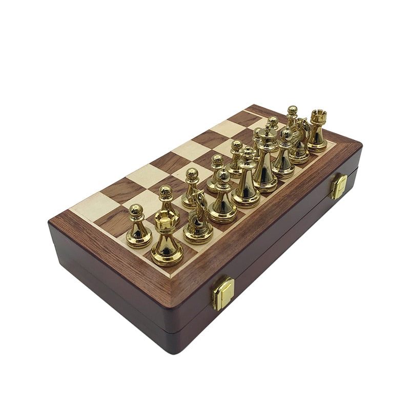 Easytoday Metal Glossy Golden And Silver Chess Pieces Solid Wooden Folding Chess Board High Grade Professional Chess Games Set - TIKIJTRONICS # 0