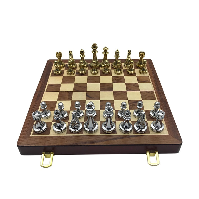 Easytoday Metal Glossy Golden And Silver Chess Pieces Solid Wooden Folding Chess Board High Grade Professional Chess Games Set - TIKIJTRONICS # 0