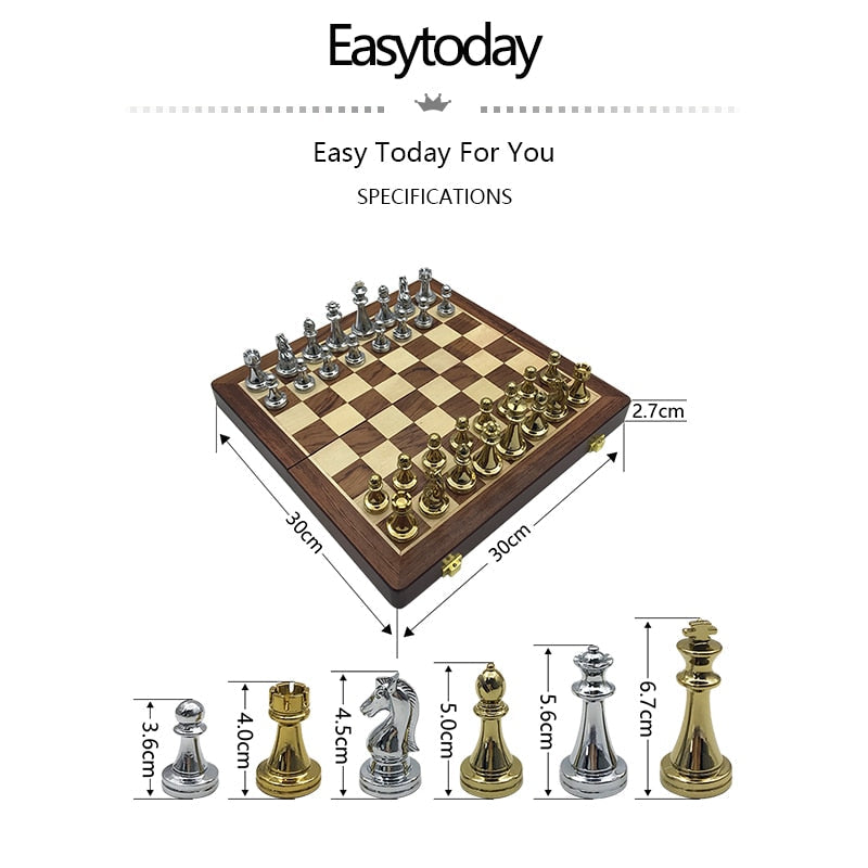 Easytoday Metal Glossy Golden And Silver Chess Pieces Solid Wooden Folding Chess Board High Grade Professional Chess Games Set - TIKIJTRONICS # 0