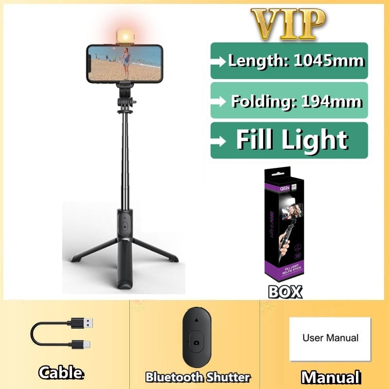 FANGTUOSI 2021 New Wireless selfie stick tripod Bluetooth Foldable Monopod With Led light remote shutter For iphone Wholesale - TIKIJTRONICS 0 SPECIFICATIONSWeight (g): 165Support Remote Control: YesPackage: NoOrigin: Mainland ChinaModel Number: New Selfie StickMax Extened Length (mm): 1045/1010Material: Stainless SteelFolded Length (mm): 194Configured for(Adaption): SMARTPHONESCommunication: Selfie SticksBrand Name: FANGTUOSI TIKIJTRONICS  (Store description)