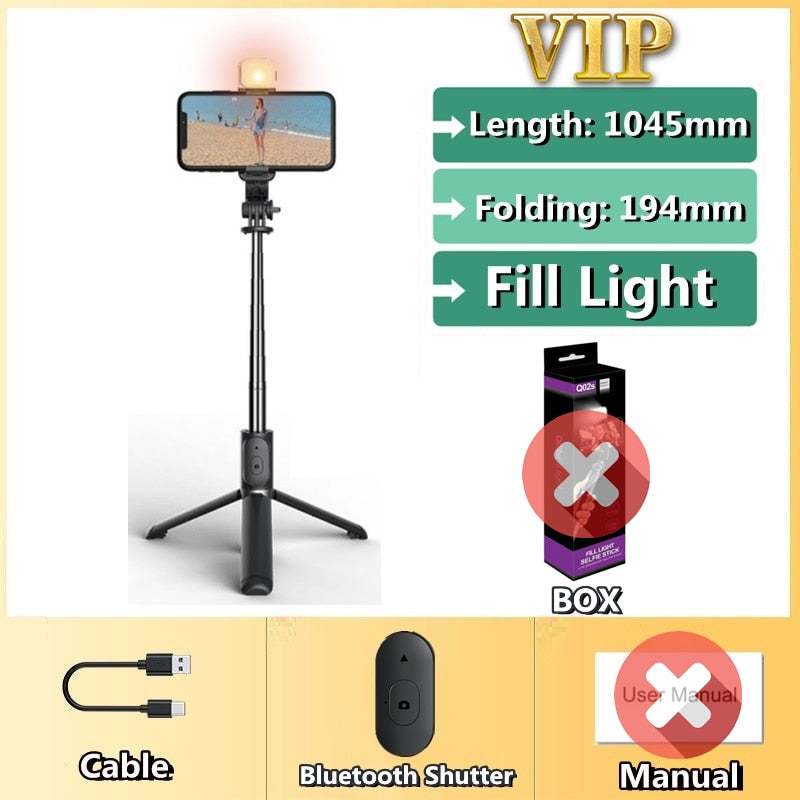 FANGTUOSI 2021 New Wireless selfie stick tripod Bluetooth Foldable Monopod With Led light remote shutter For iphone Wholesale - TIKIJTRONICS 0 SPECIFICATIONSWeight (g): 165Support Remote Control: YesPackage: NoOrigin: Mainland ChinaModel Number: New Selfie StickMax Extened Length (mm): 1045/1010Material: Stainless SteelFolded Length (mm): 194Configured for(Adaption): SMARTPHONESCommunication: Selfie SticksBrand Name: FANGTUOSI TIKIJTRONICS  (Store description)