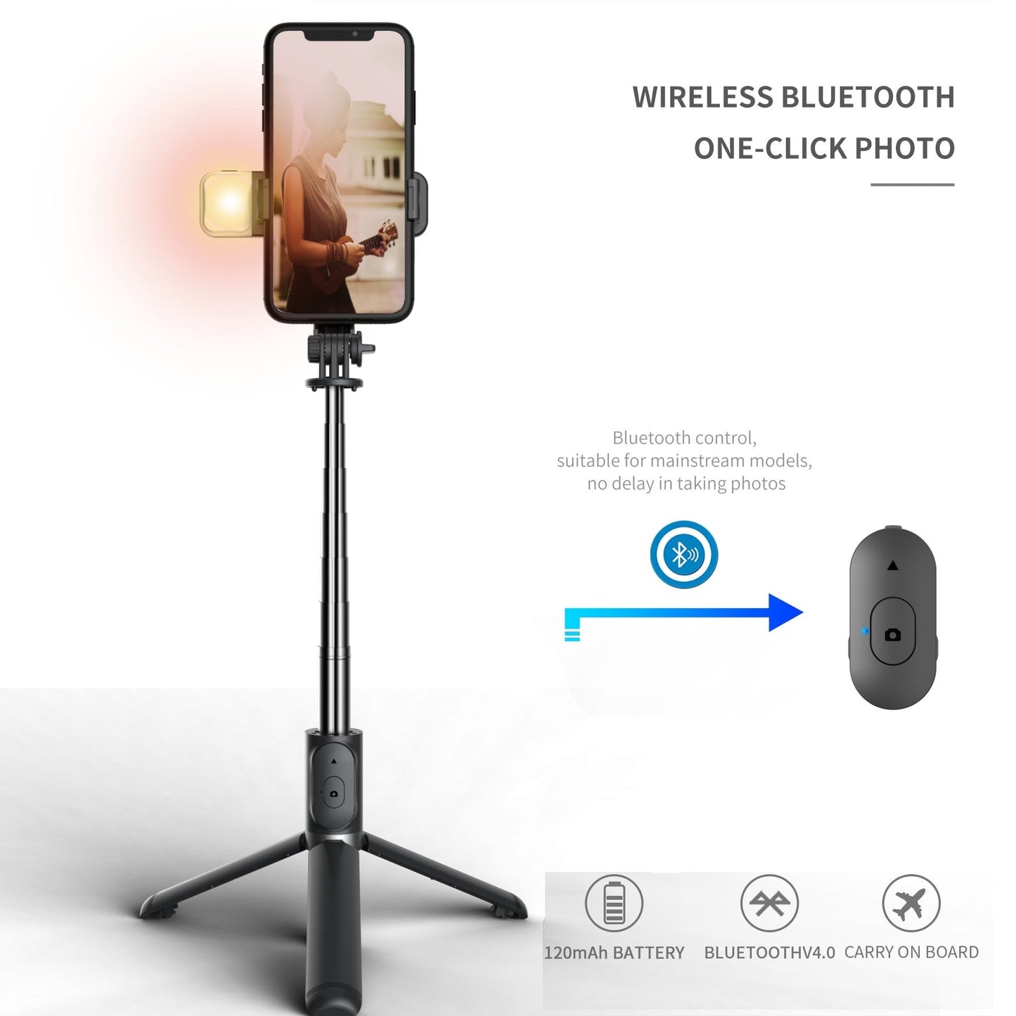 FANGTUOSI 2021 New Wireless selfie stick tripod Bluetooth Foldable Monopod With Led light remote shutter For iphone Wholesale - TIKIJTRONICS 0 SPECIFICATIONSWeight (g): 165Support Remote Control: YesPackage: NoOrigin: Mainland ChinaModel Number: New Selfie StickMax Extened Length (mm): 1045/1010Material: Stainless SteelFolded Length (mm): 194Configured for(Adaption): SMARTPHONESCommunication: Selfie SticksBrand Name: FANGTUOSI TIKIJTRONICS  (Store description)