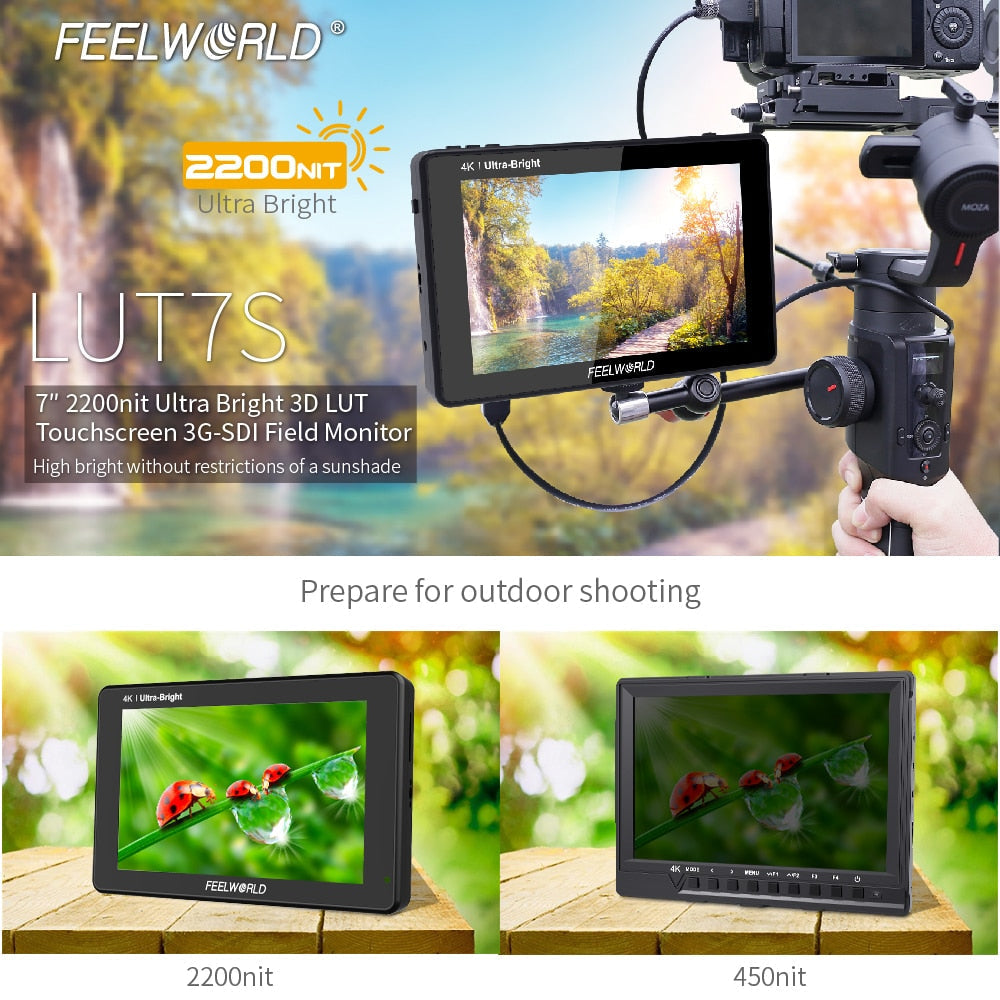 FEELWORLD LUT7S 7 Inch 2200nits Touch Screen Field Monitor 3D LUT Full HD 1920x1200 IPS 3G SDI 4K HDMI Input Output DSLR Monitor - TIKIJTRONICS # 0