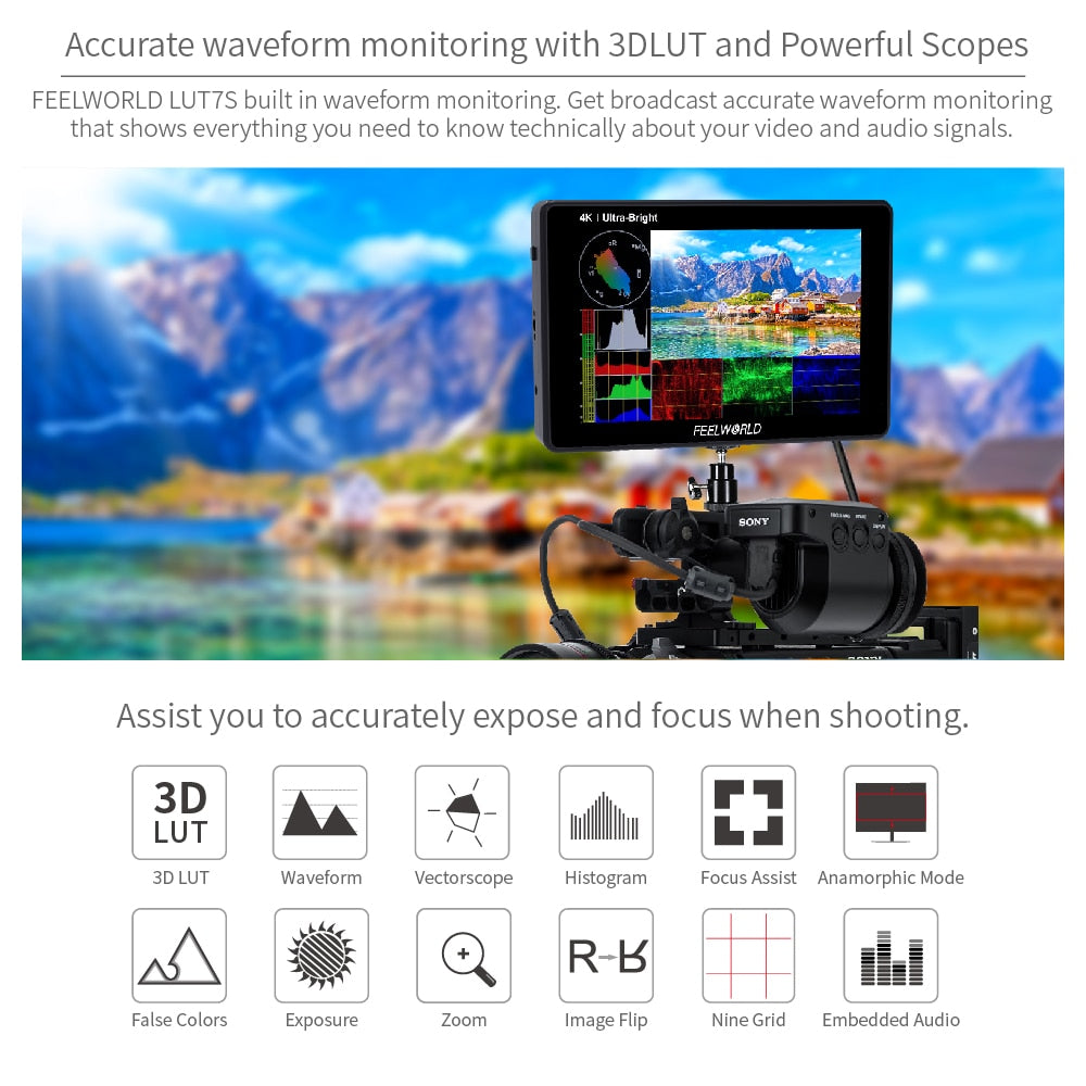 FEELWORLD LUT7S 7 Inch 2200nits Touch Screen Field Monitor 3D LUT Full HD 1920x1200 IPS 3G SDI 4K HDMI Input Output DSLR Monitor - TIKIJTRONICS # 0