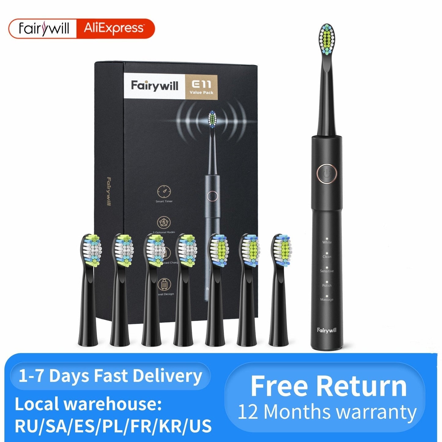 Fairywill Sonic Electric Toothbrush E11 Waterproof USB Charge Rechargeable Electric Toothbrush 8 Brush Replacement Heads Adult - TIKIJTRONICS # 0