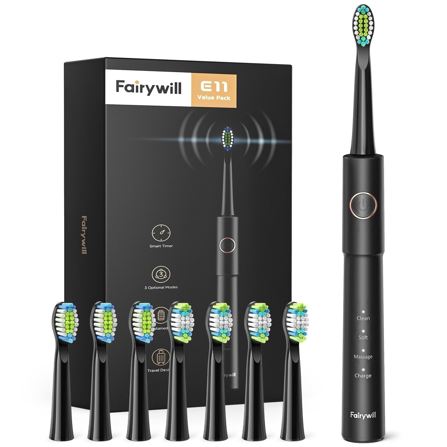 Fairywill Sonic Electric Toothbrush E11 Waterproof USB Charge Rechargeable Electric Toothbrush 8 Brush Replacement Heads Adult - TIKIJTRONICS # 0