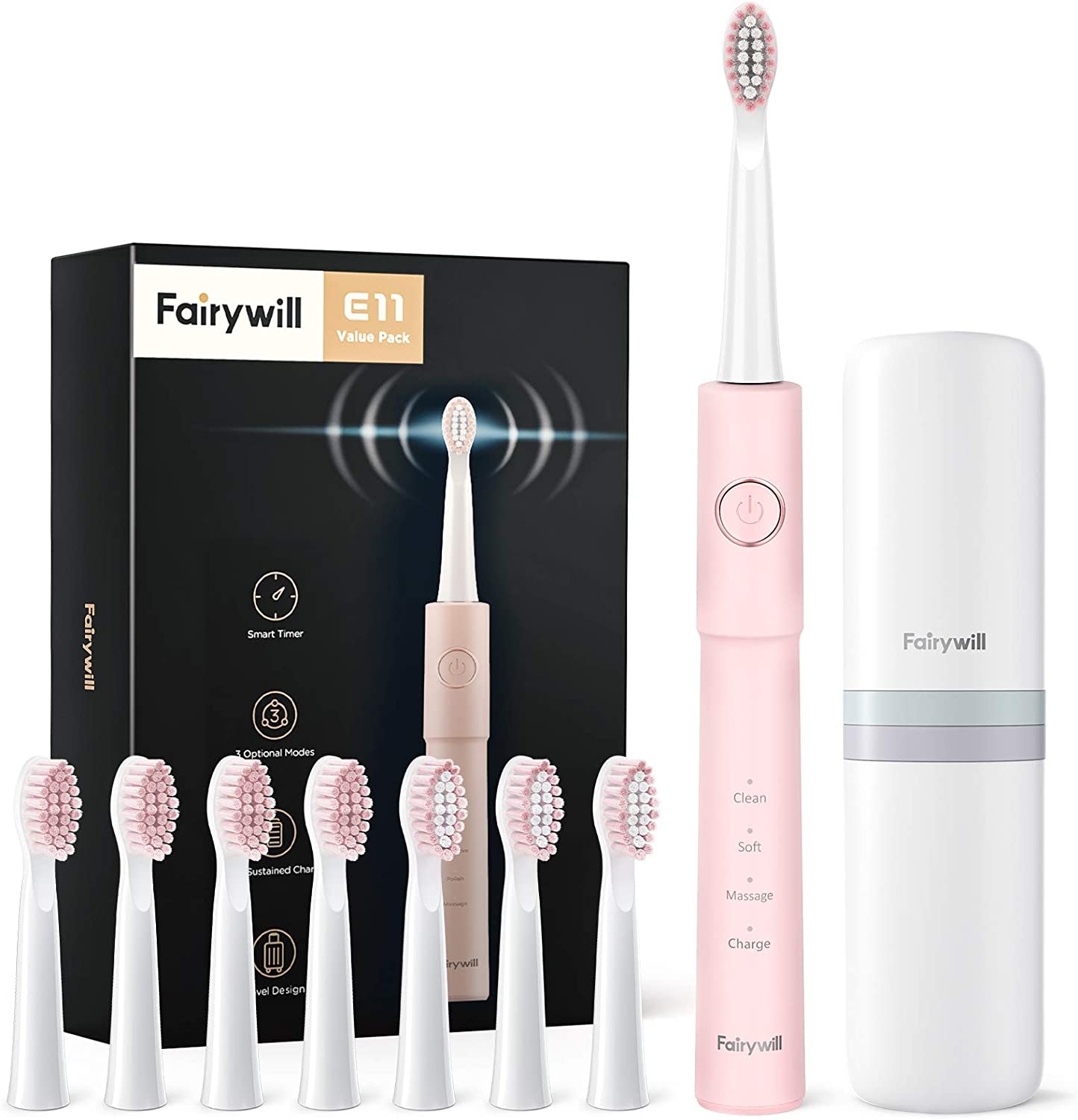 Fairywill Sonic Electric Toothbrush E11 Waterproof USB Charge Rechargeable Electric Toothbrush 8 Brush Replacement Heads Adult - TIKIJTRONICS # 0