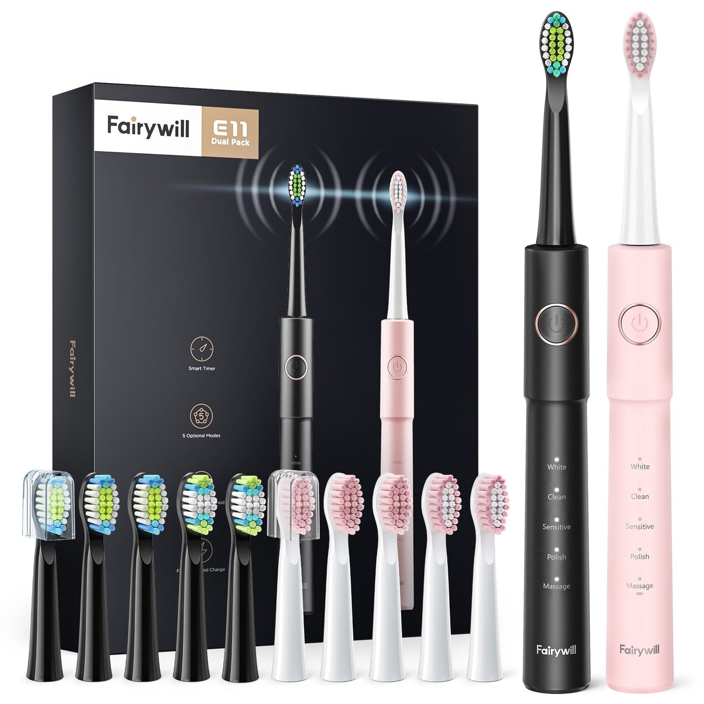 Fairywill Sonic Electric Toothbrush E11 Waterproof USB Charge Rechargeable Electric Toothbrush 8 Brush Replacement Heads Adult - TIKIJTRONICS # 0