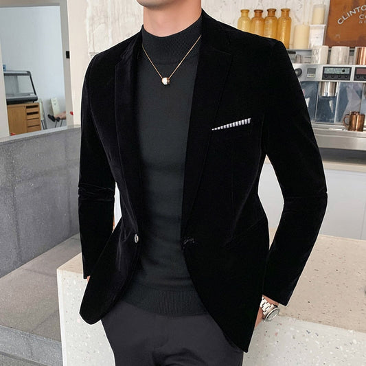 Fall Winter Gold Velvet Blazer High Quality Slim Fit Suit Jacket Fashion Casual Men Groom Singer Costume Formal Evening Dress - TIKIJTRONICS # 0