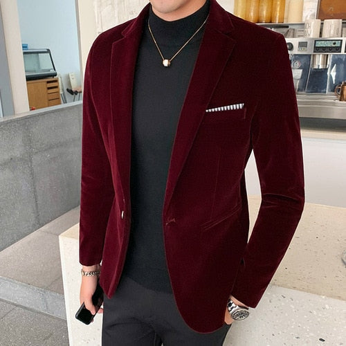 Fall Winter Gold Velvet Blazer High Quality Slim Fit Suit Jacket Fashion Casual Men Groom Singer Costume Formal Evening Dress - TIKIJTRONICS # 0