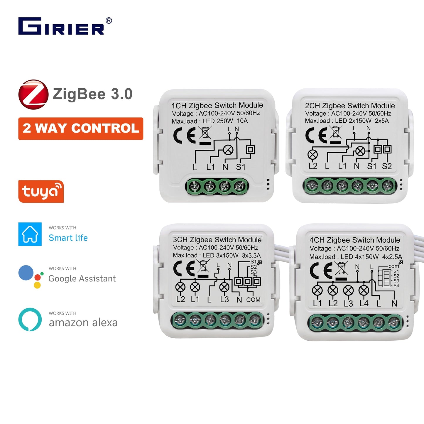 GIRIER Tuya ZigBee 3.0 Switch Module 10A Smart Home DIY Breaker 1 2 3 4 Gang Supports 2 Way Control Works with Alexa Google Home - TIKIJTRONICS # 0