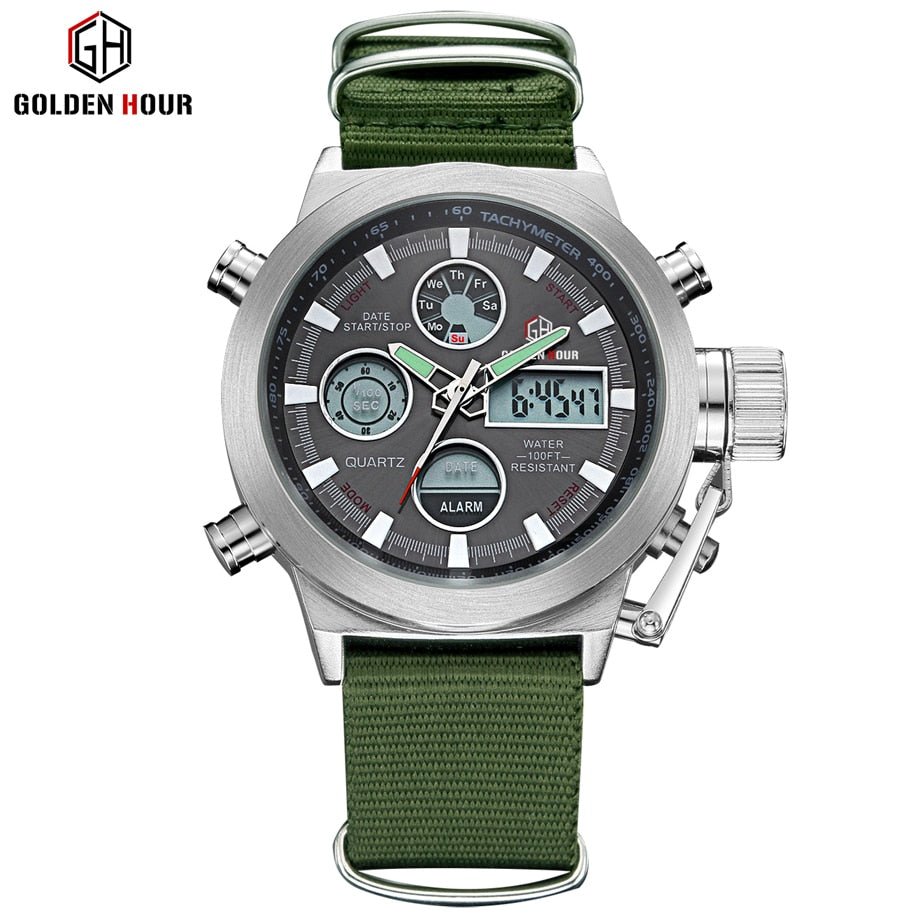 GOLDENHOUR Sport Men Wristwatch Fashion Men Quartz Watch Nylon Strap Week Display Army Military LED Clock Relogio Masculino - TIKIJTRONICS # 0