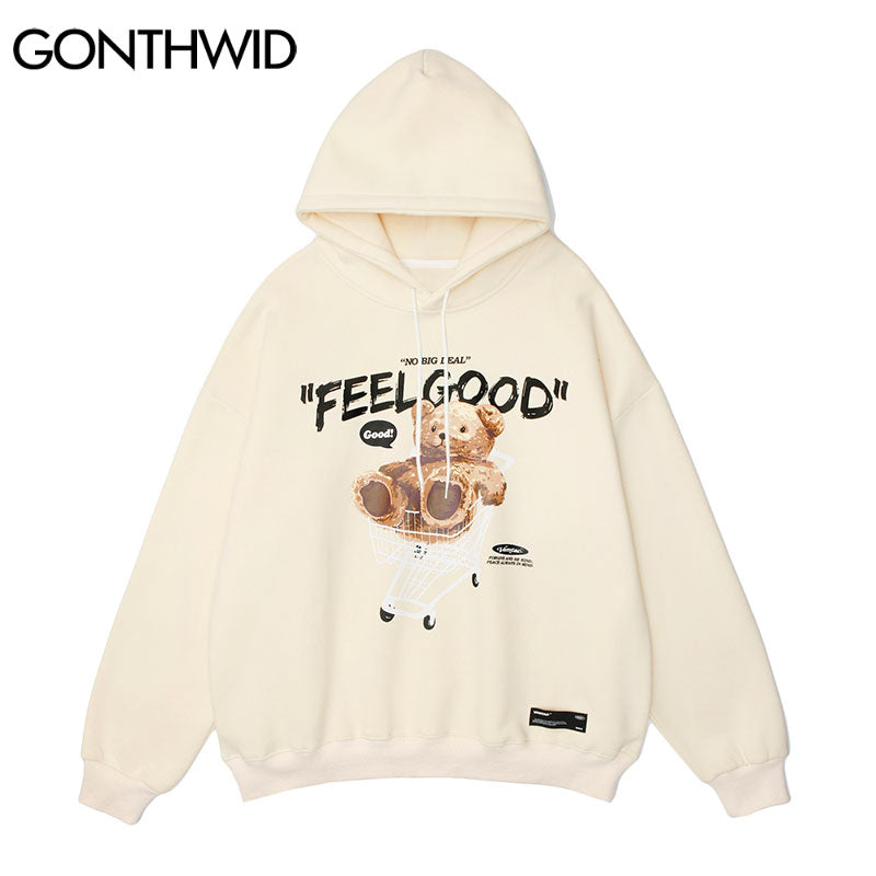 GONTHWID Men Hip Hop Hoodie Sweatshirt Streetwear Funny Bear Print Hooded Harajuku Winter Cotton Fleece Pullover Khaki Black - TIKIJTRONICS # 0