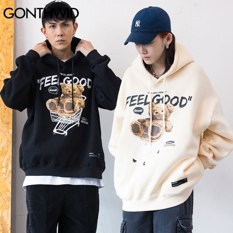 GONTHWID Men Hip Hop Hoodie Sweatshirt Streetwear Funny Bear Print Hooded Harajuku Winter Cotton Fleece Pullover Khaki Black - TIKIJTRONICS # 0