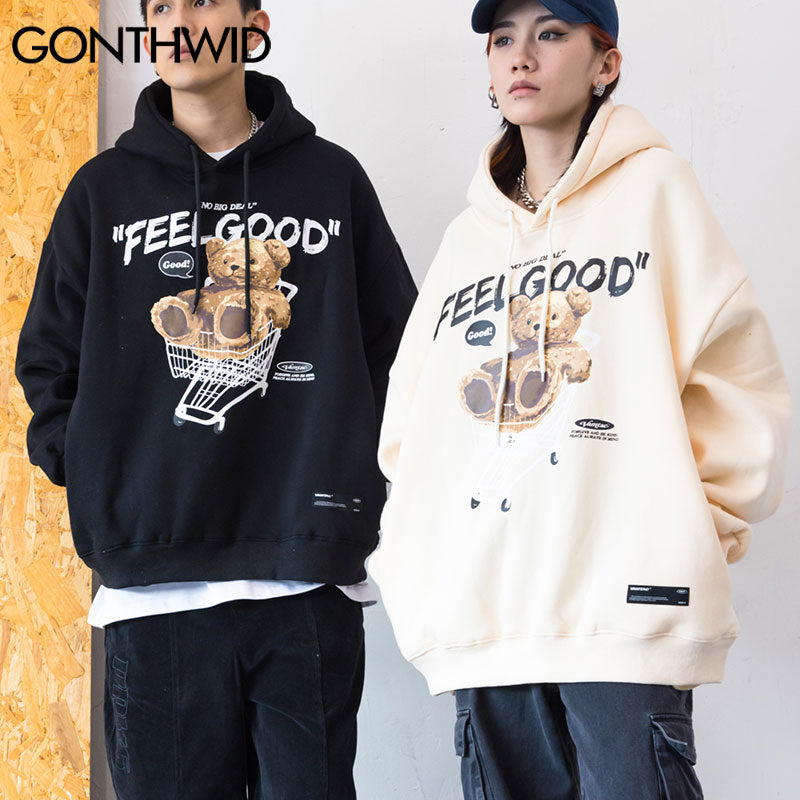 GONTHWID Men Hip Hop Hoodie Sweatshirt Streetwear Funny Bear Print Hooded Harajuku Winter Cotton Fleece Pullover Khaki Black - TIKIJTRONICS # 0