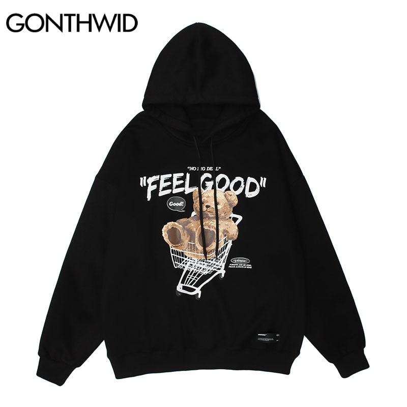 GONTHWID Men Hip Hop Hoodie Sweatshirt Streetwear Funny Bear Print Hooded Harajuku Winter Cotton Fleece Pullover Khaki Black - TIKIJTRONICS # 0