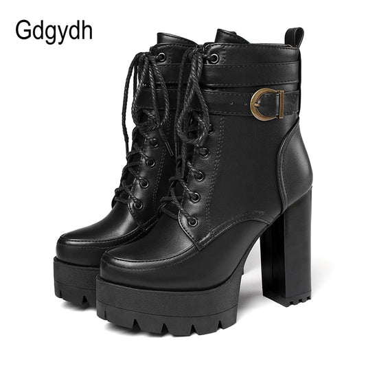 Gdgydh 2022 Russian Hot Sales Women Shoes Thick Platform High Heel Female Ankle Boots Round Toe Lace up Zipper Motorcycle Boots - TIKIJTRONICS # 0