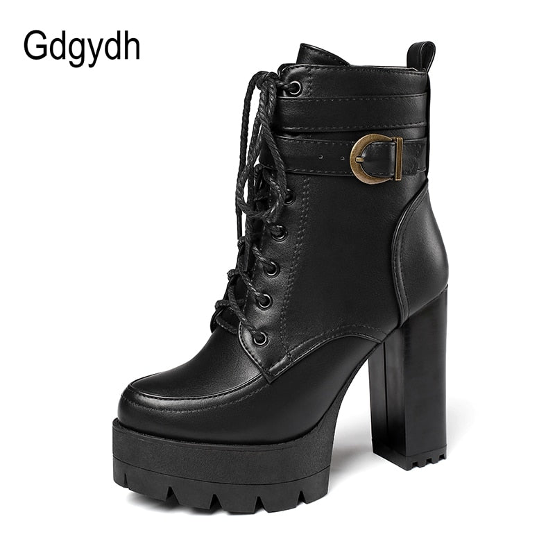 Gdgydh 2022 Russian Hot Sales Women Shoes Thick Platform High Heel Female Ankle Boots Round Toe Lace up Zipper Motorcycle Boots - TIKIJTRONICS # 0