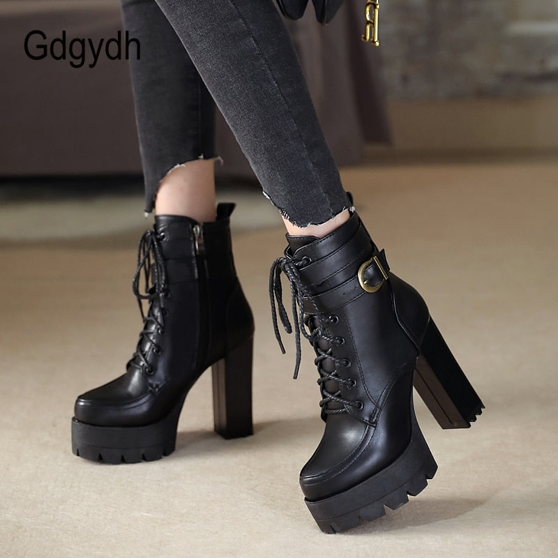 Gdgydh 2022 Russian Hot Sales Women Shoes Thick Platform High Heel Female Ankle Boots Round Toe Lace up Zipper Motorcycle Boots - TIKIJTRONICS # 0