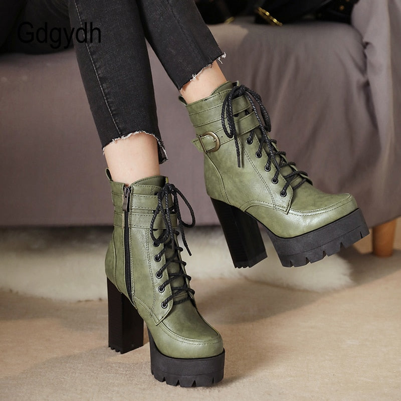 Gdgydh 2022 Russian Hot Sales Women Shoes Thick Platform High Heel Female Ankle Boots Round Toe Lace up Zipper Motorcycle Boots - TIKIJTRONICS # 0